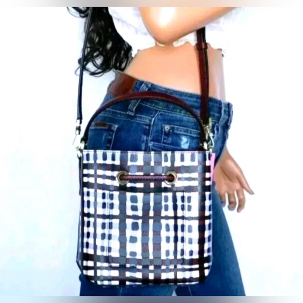 Kate Spade Eva Bucket small crossbody  Bag Purple Multi plaid - Picture 4 of 15